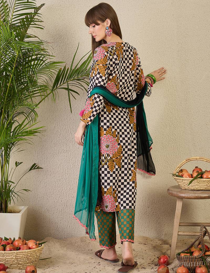 Multicolor printed pure cotton kurta trouser dupatta set
