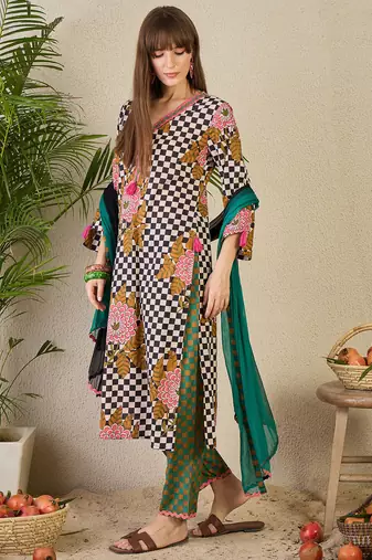 Multicolor printed pure cotton kurta trouser dupatta set