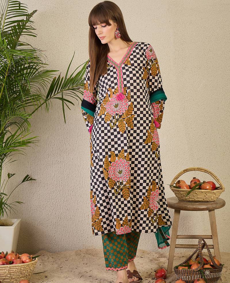 Multicolor printed pure cotton kurta trouser dupatta set