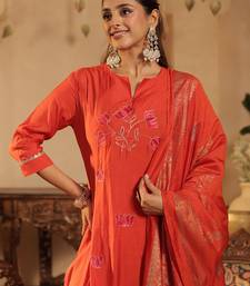 Orange embroidered silk blend kurta trouser dupatta set