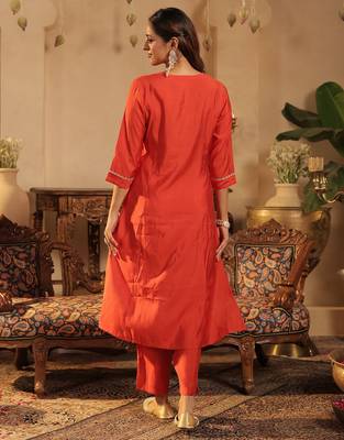 Orange embroidered silk blend kurta trouser dupatta set 3
