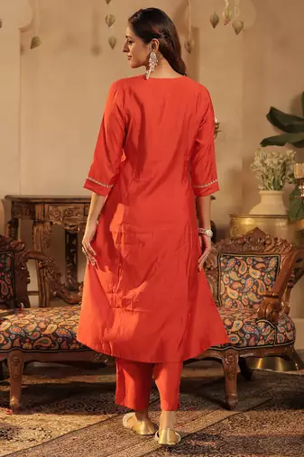 Orange embroidered silk blend kurta trouser dupatta set