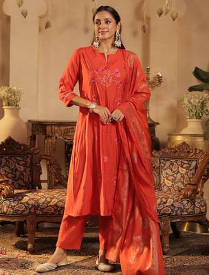 Orange embroidered silk blend kurta trouser dupatta set 4
