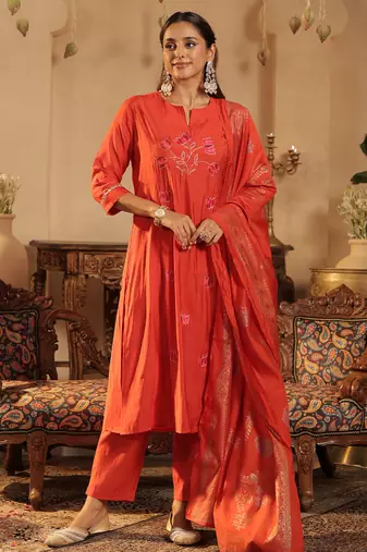 Orange embroidered silk blend kurta trouser dupatta set