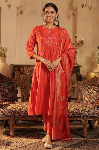 Orange embroidered silk blend kurta trouser dupatta set