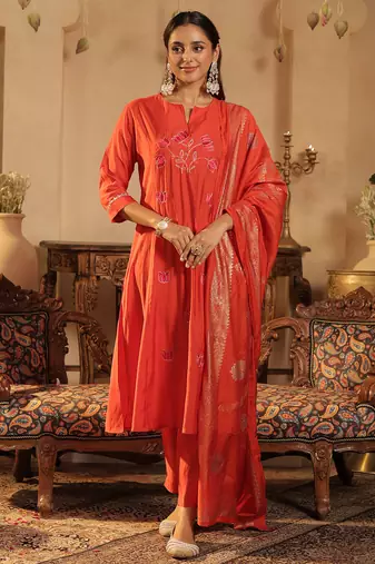 Orange embroidered silk blend kurta trouser dupatta set