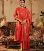Orange embroidered silk blend kurta trouser dupatta set
