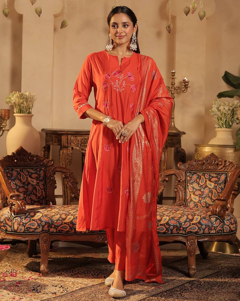 Orange embroidered silk blend kurta trouser dupatta set