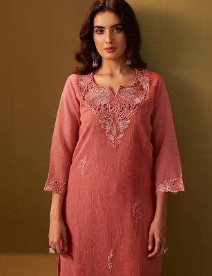 Orange embroidered silk blend kurta trouser dupatta set 2