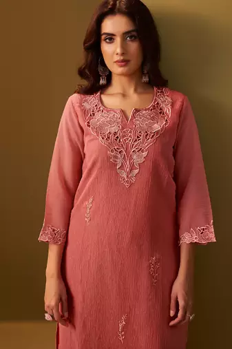 Orange embroidered silk blend kurta trouser dupatta set