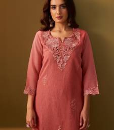 Orange embroidered silk blend kurta trouser dupatta set