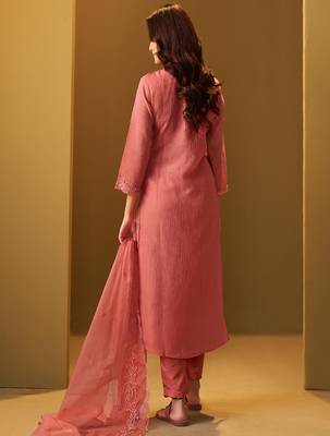 Orange embroidered silk blend kurta trouser dupatta set 3