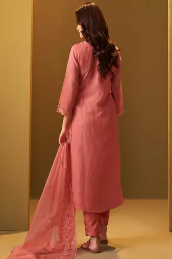 Orange embroidered silk blend kurta trouser dupatta set