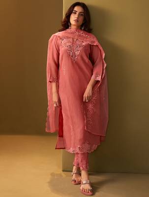 Orange embroidered silk blend kurta trouser dupatta set 1
