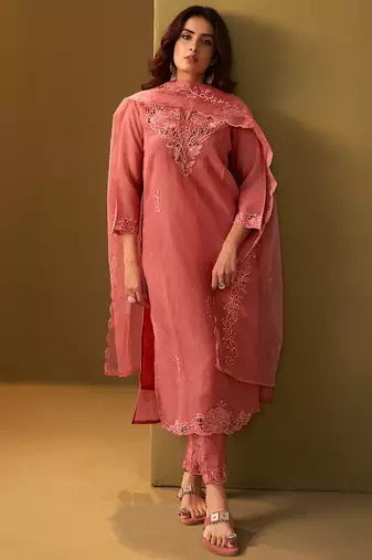 Orange embroidered silk blend kurta trouser dupatta set