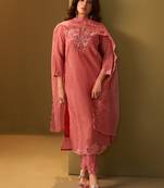 Orange embroidered silk blend kurta trouser dupatta set