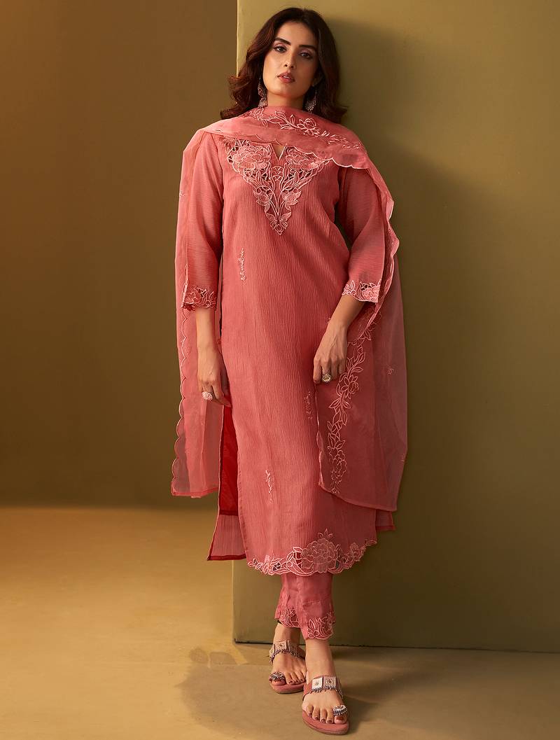 Orange embroidered silk blend kurta trouser dupatta set