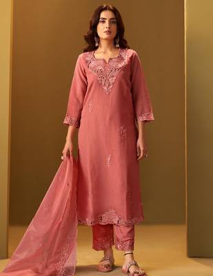 Orange embroidered silk blend kurta trouser dupatta set 4