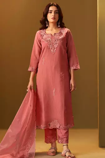 Orange embroidered silk blend kurta trouser dupatta set