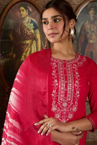 Pink embroidered viscose rayon kurta trouser dupatta set