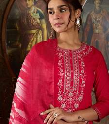 Pink embroidered viscose rayon kurta trouser dupatta set