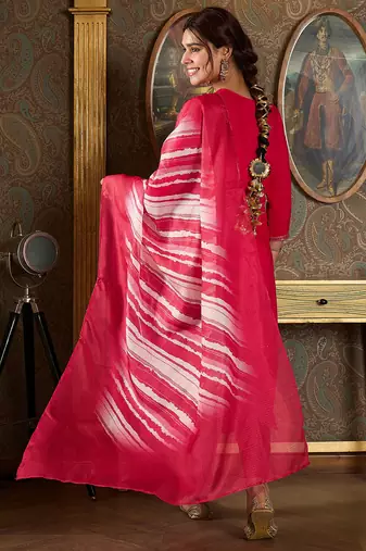 Pink embroidered viscose rayon kurta trouser dupatta set