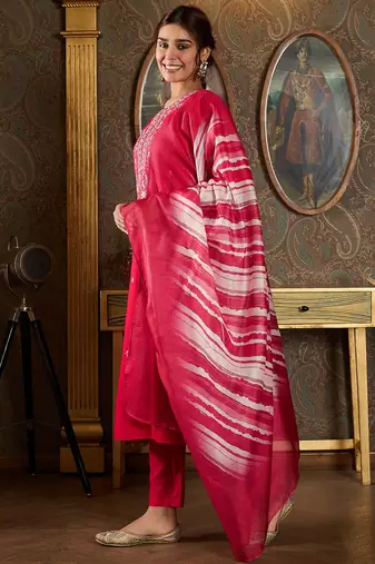 Pink embroidered viscose rayon kurta trouser dupatta set
