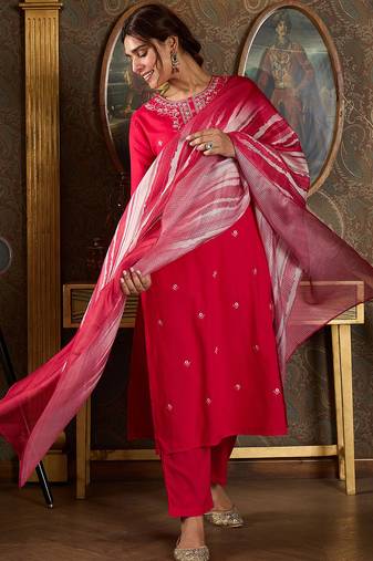Pink embroidered viscose rayon kurta trouser dupatta set