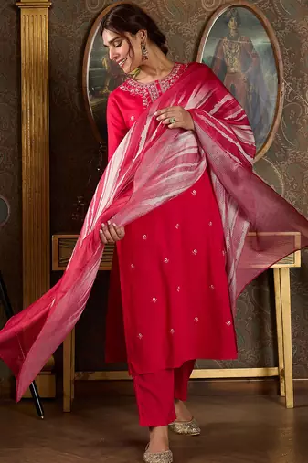 Pink embroidered viscose rayon kurta trouser dupatta set