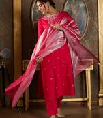 Pink embroidered viscose rayon kurta trouser dupatta set