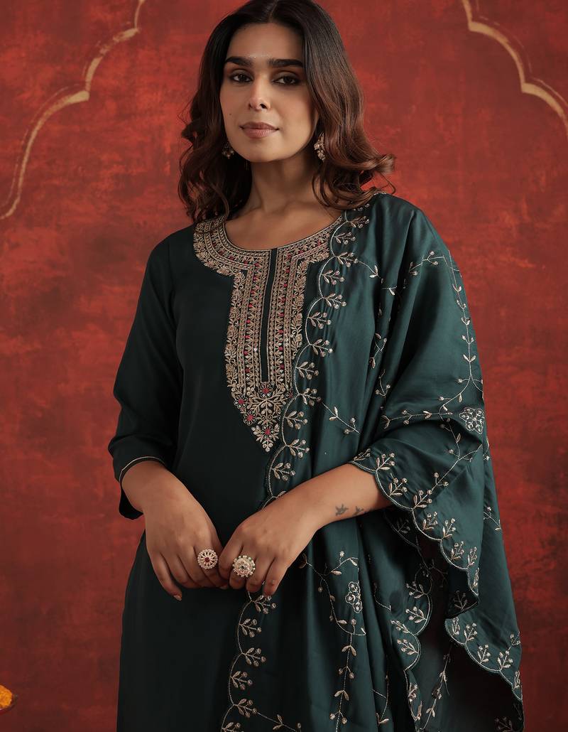 Green embroidered silk blend kurta trouser dupatta set