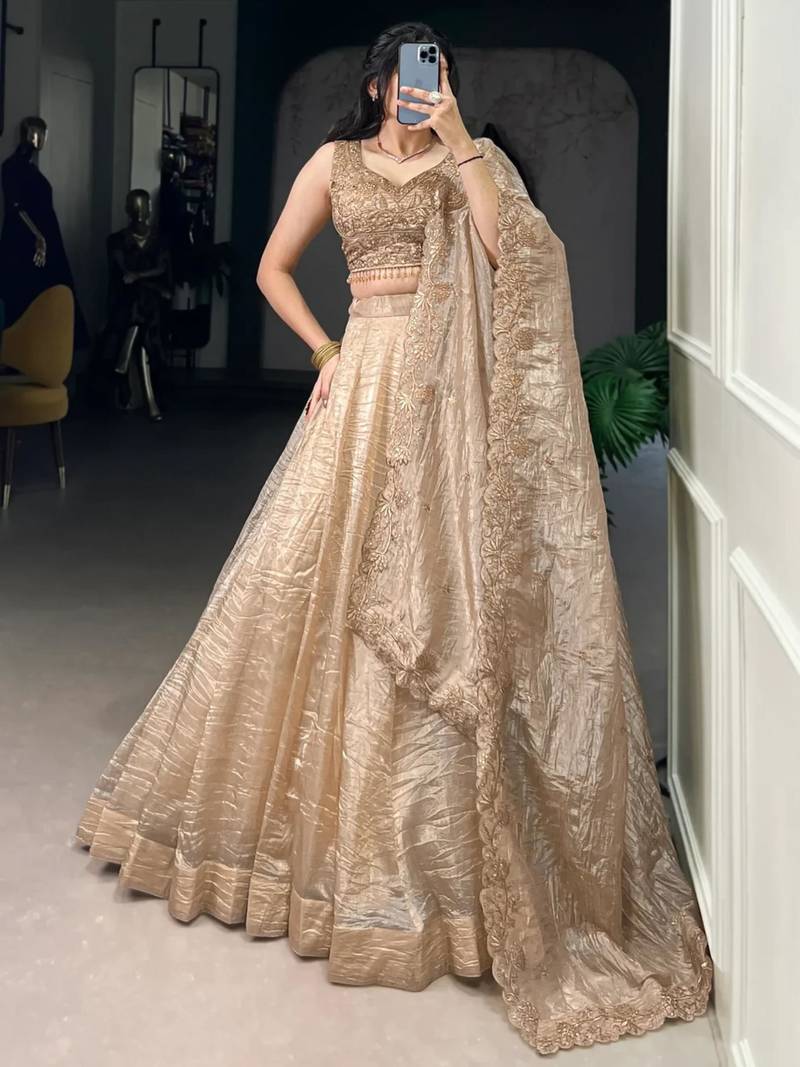 antique gold tissue organza embroidered designer lehenga-choli upto 48