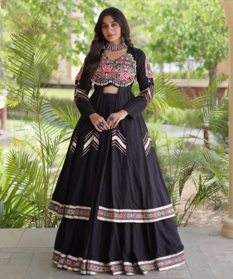 black cotton silk embroidered designer lehenga-choli upto 42