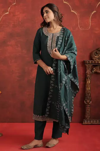 Green embroidered silk blend kurta trouser dupatta set
