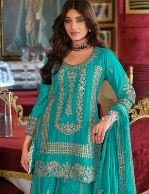 Teal embroidered chinon kurta trouser dupatta set 2