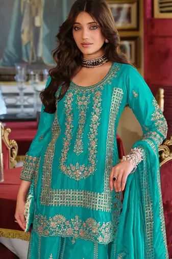 Teal embroidered chinon kurta trouser dupatta set