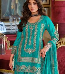 Teal embroidered chinon kurta trouser dupatta set