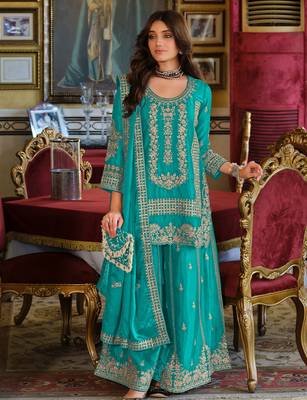 Teal embroidered chinon kurta trouser dupatta set 1