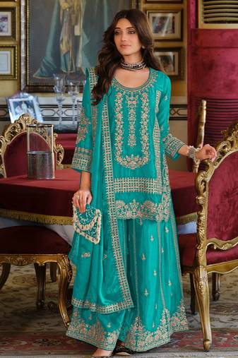 Teal embroidered chinon kurta trouser dupatta set