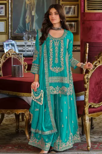 Teal embroidered chinon kurta trouser dupatta set