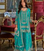 Teal embroidered chinon kurta trouser dupatta set