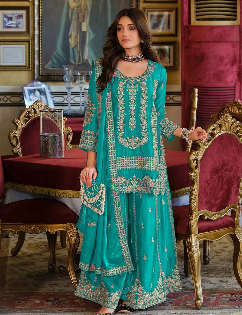Teal embroidered chinon kurta trouser dupatta set