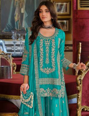 Teal embroidered chinon kurta trouser dupatta set 3