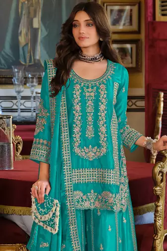 Teal embroidered chinon kurta trouser dupatta set