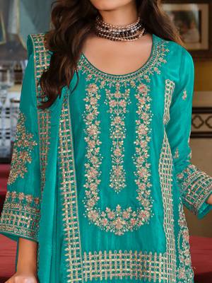 Teal embroidered chinon kurta trouser dupatta set 4