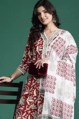 Maroon printed pure cotton kurta trouser dupatta set