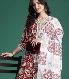 Maroon printed pure cotton kurta trouser dupatta set