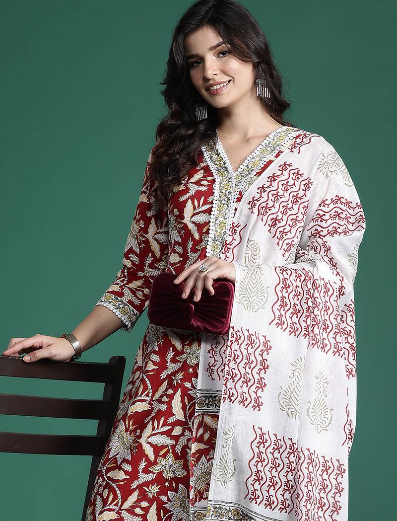 Maroon printed pure cotton kurta trouser dupatta set