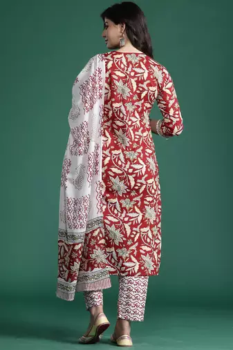 Maroon printed pure cotton kurta trouser dupatta set