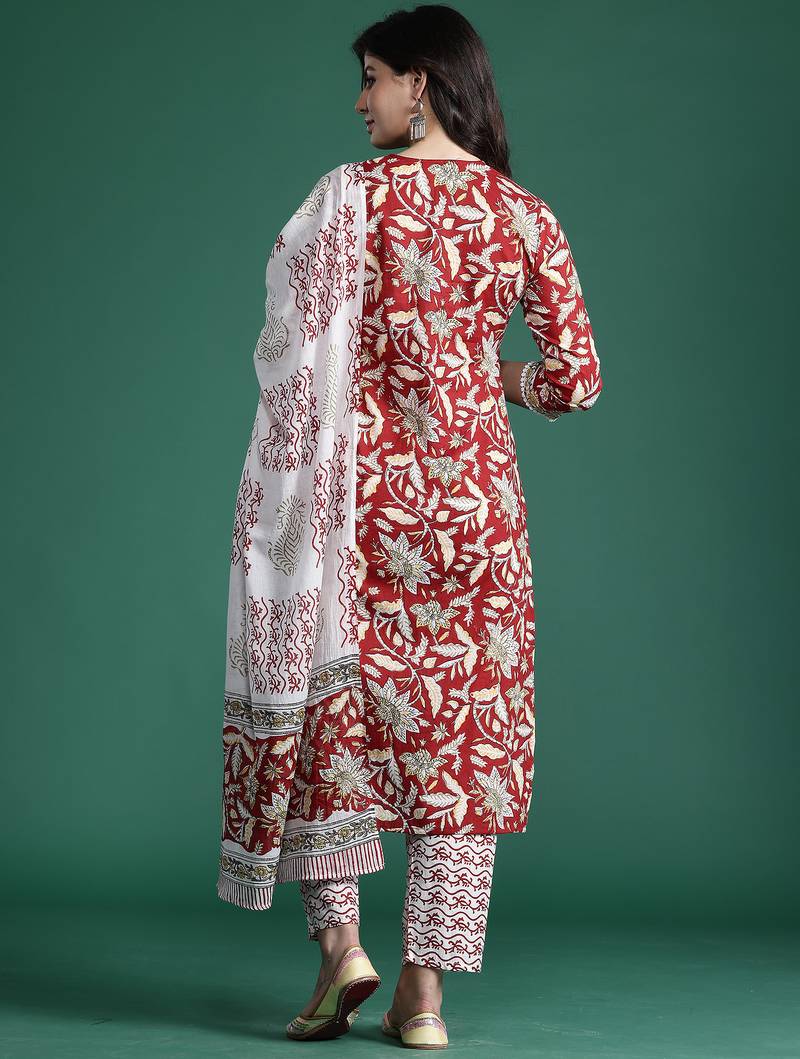 Maroon printed pure cotton kurta trouser dupatta set